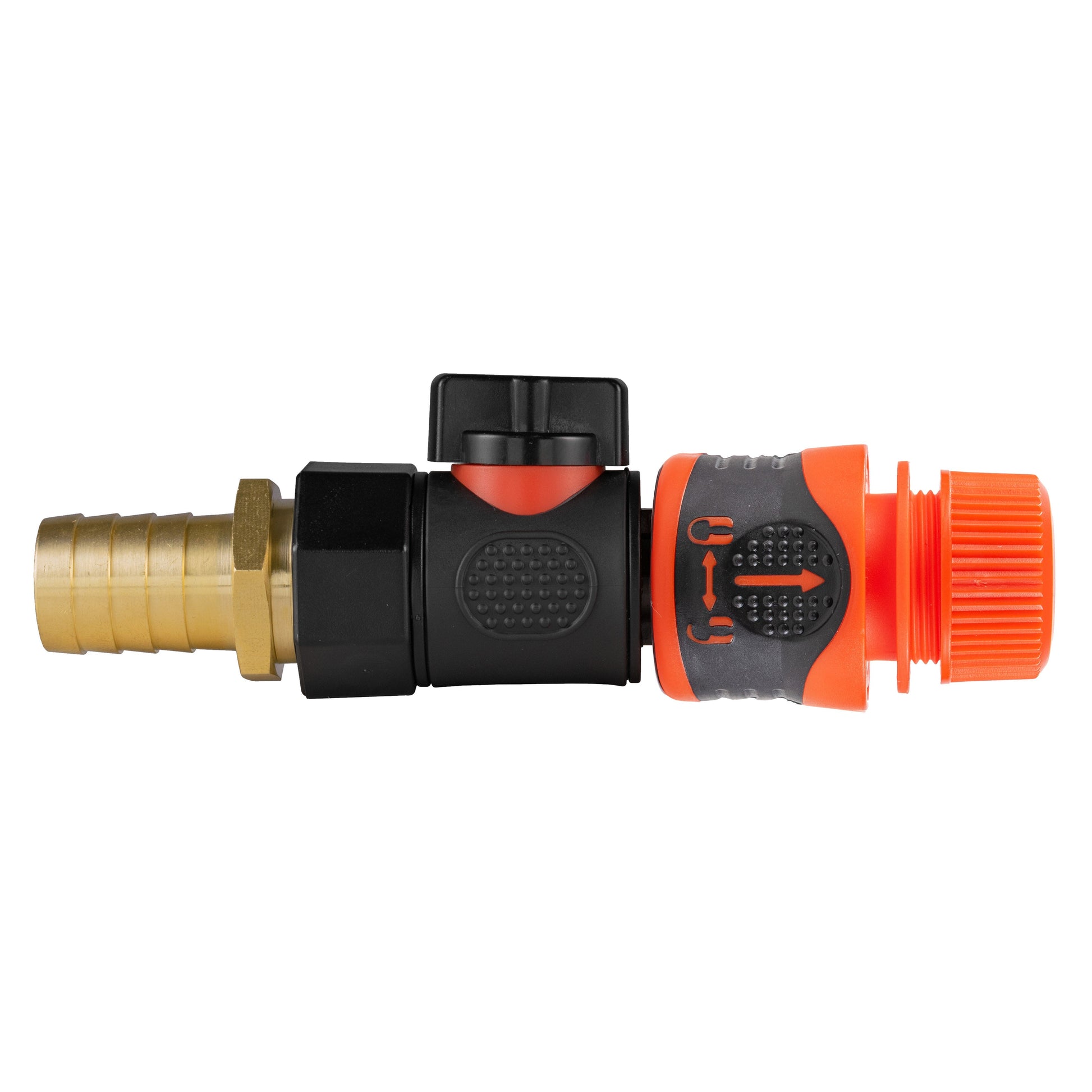 19mm brass barbed hose connector with quick-connect lock, black/orange body