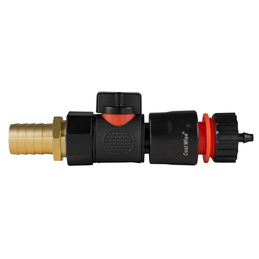 Brass hose barb connector with quick-connect valve, black body and red locking ring