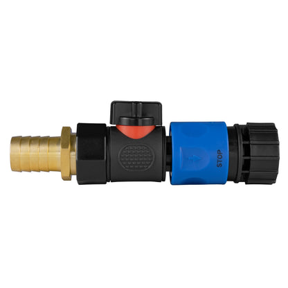 19mm brass barbed hose connector with BSPF quick-connect valve and blue STOP sleeve