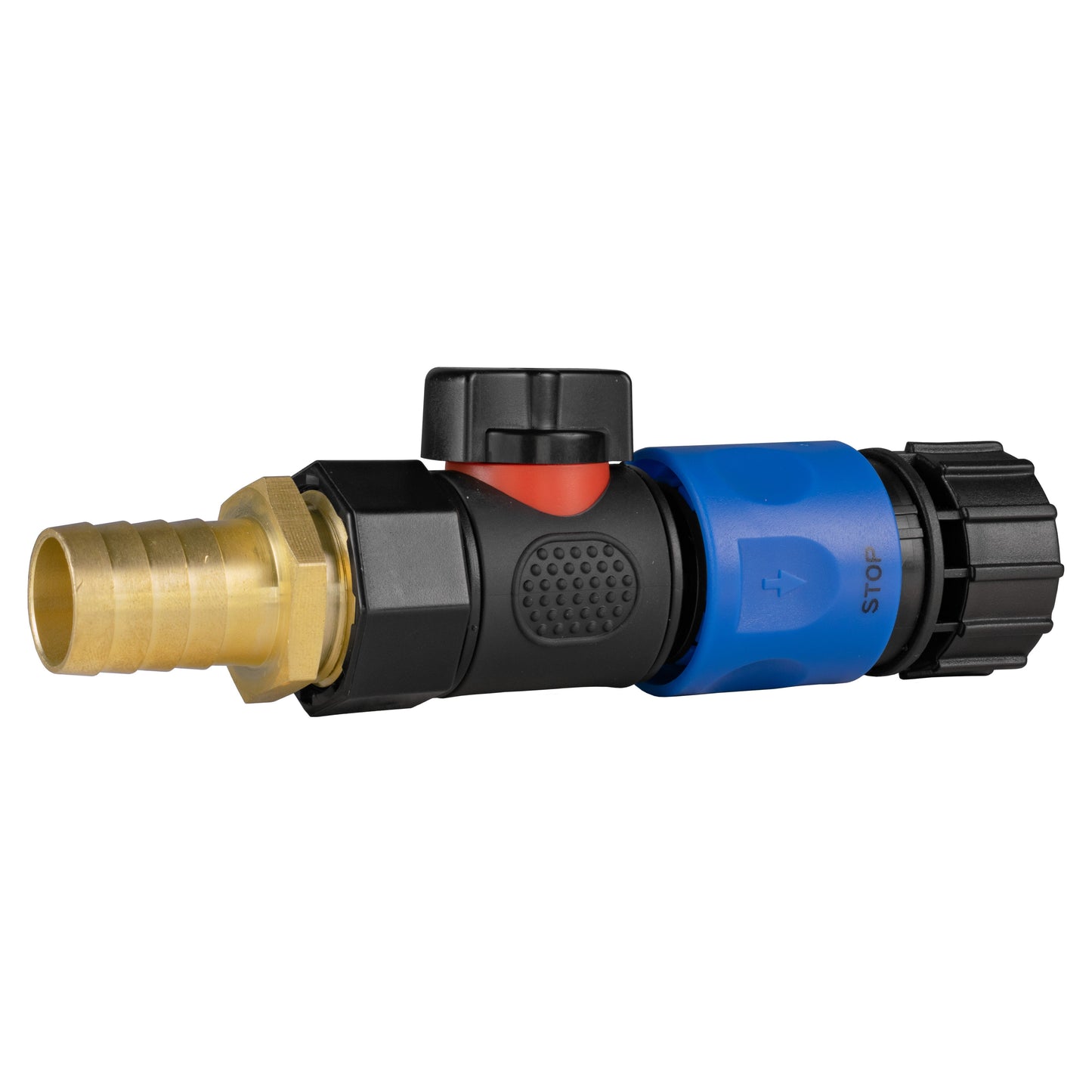 Brass barbed fitting with black valve body, blue quick-connect sleeve, locking ridges