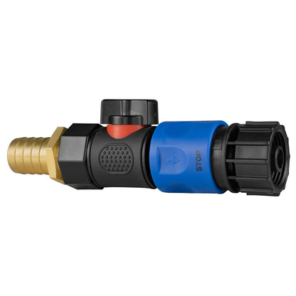 Brass barbed end and quick-connect connector with black housing and blue STOP grip