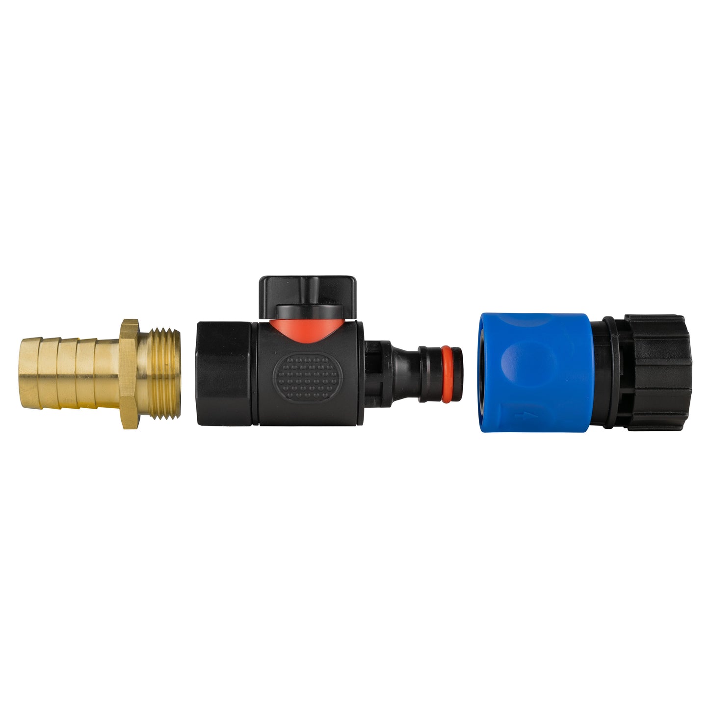 Quick-connect valve with brass barbed BSPF fitting, black housing and blue connector end