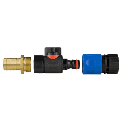 Quick-connect valve with brass barbed BSPF fitting, black housing and blue connector end