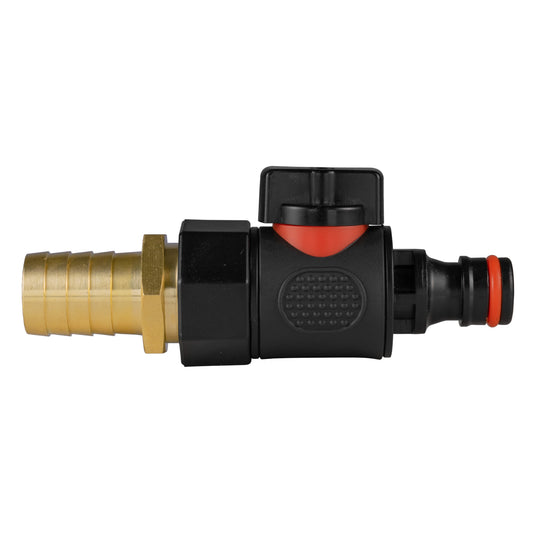 Quick-connect male valve with brass barbed end, black body, red/orange indicator ring
