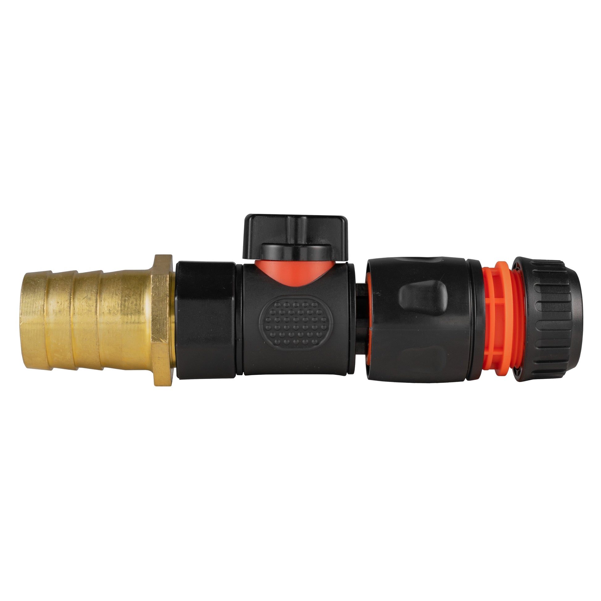 25mm brass barb quick connect valve with BSPF hose connector, black body and orange ring