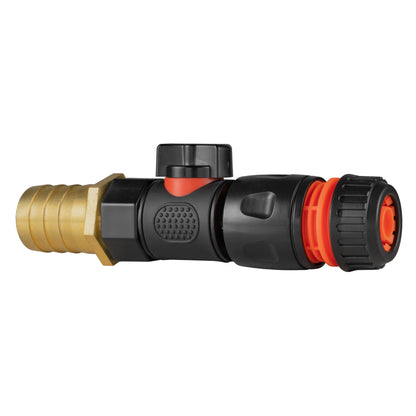Black quick connect valve with brass barb end and orange locking ring, 25mm hose connector
