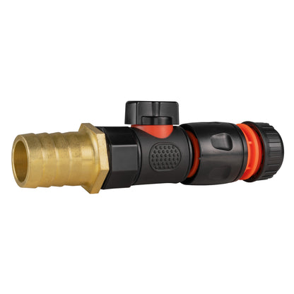 Brass barb and black quick connect hose connector with orange/red accents and textured grip