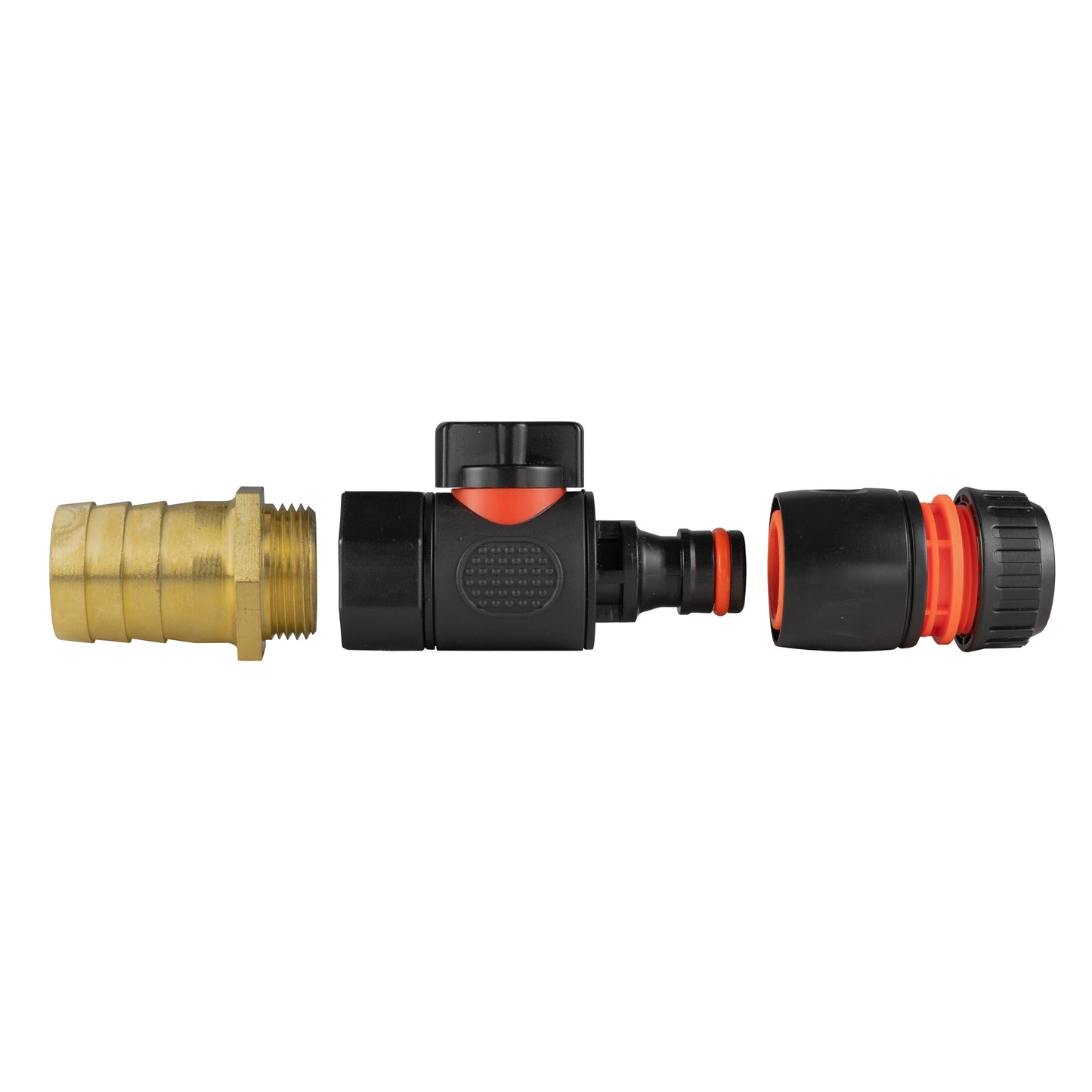 Brass threaded barb adapter with black quick connect valve and orange quick-release ring