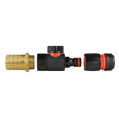 Brass threaded barb adapter with black quick connect valve and orange quick-release ring