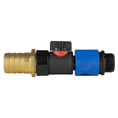 25mm brass barb with BSPF quick-connect valve and hose connector, 3/4" BSPM