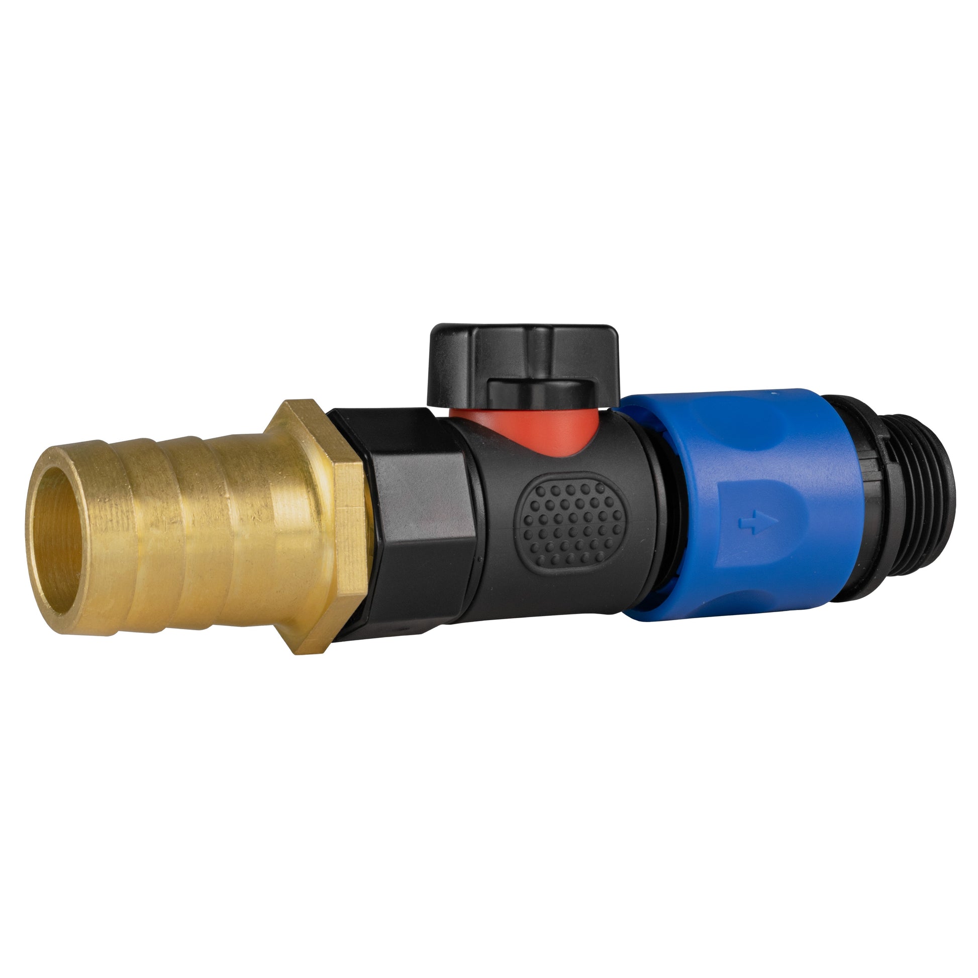Brass barb-to-quick connect hose valve connector with blue grip ring, BSPM 3/4"