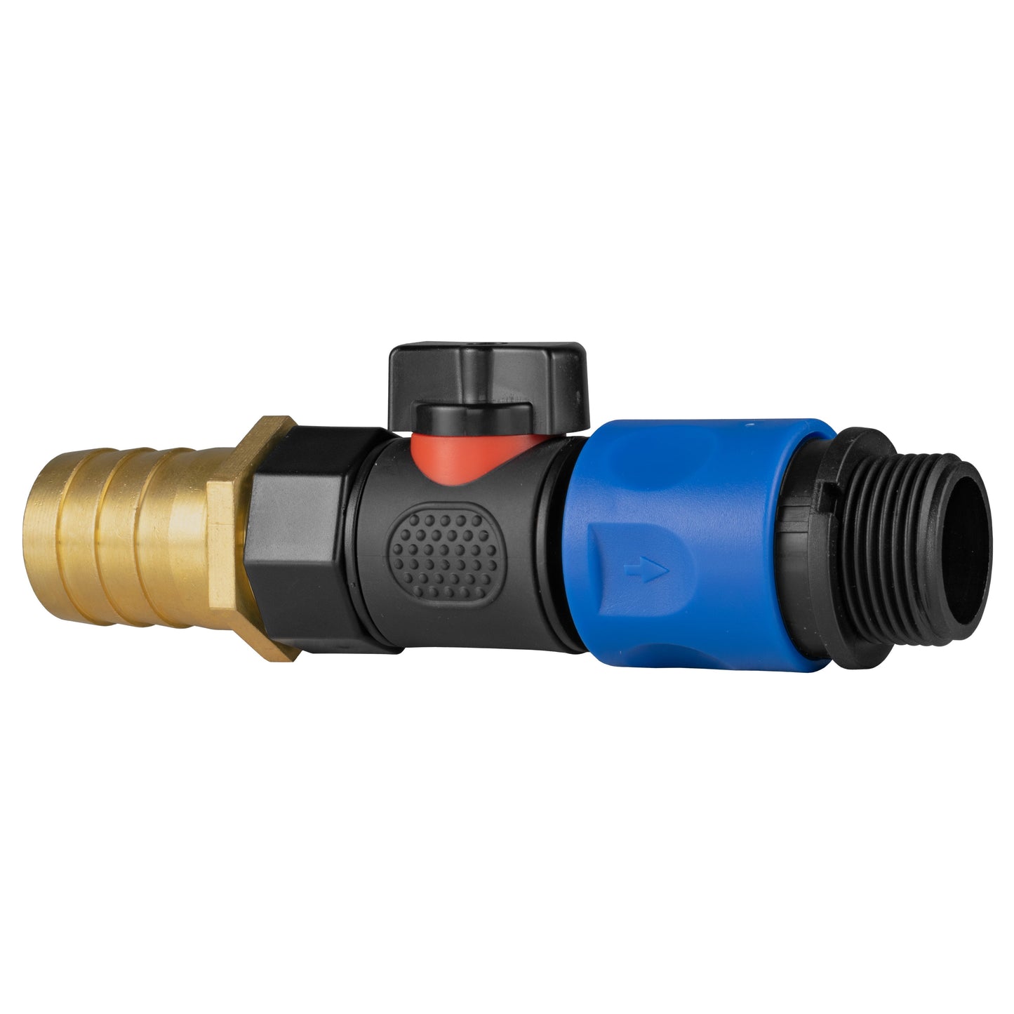 Quick-connect valve connector showing brass barb, black body and threaded BSPM outlet