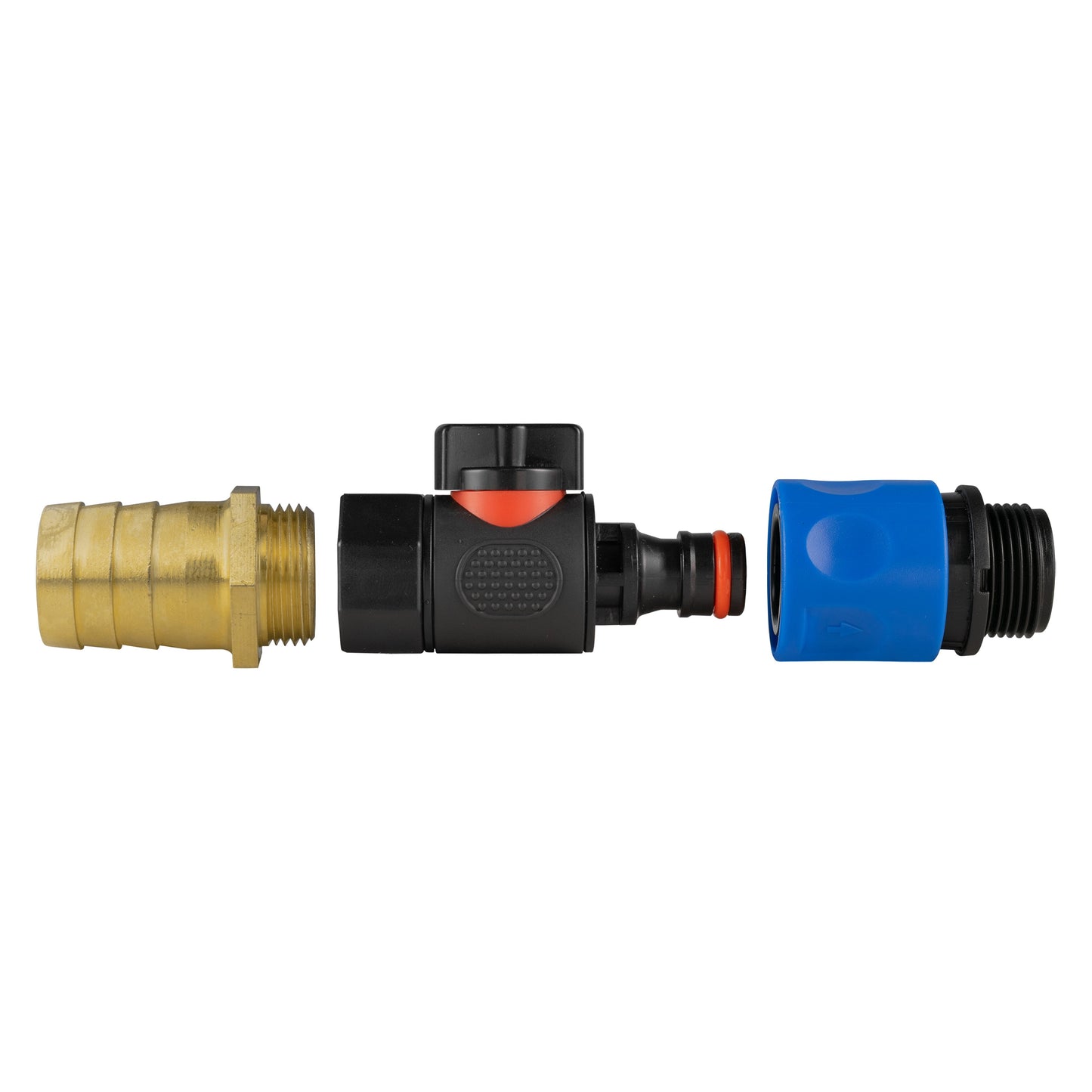 3/4" BSPM quick-connect hose connector with brass barb and blue threaded coupling
