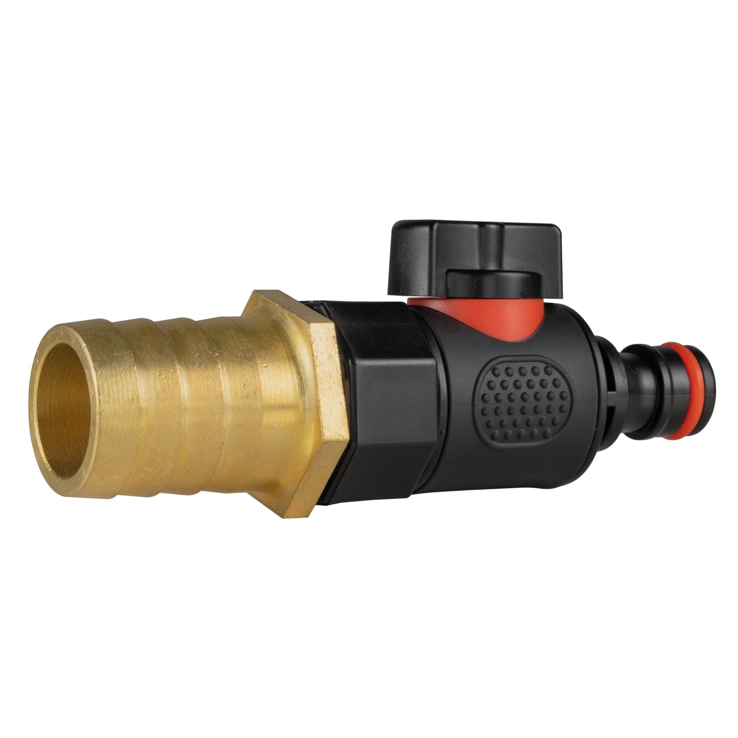 Brass barbed male quick-connect valve, black body, orange release ring