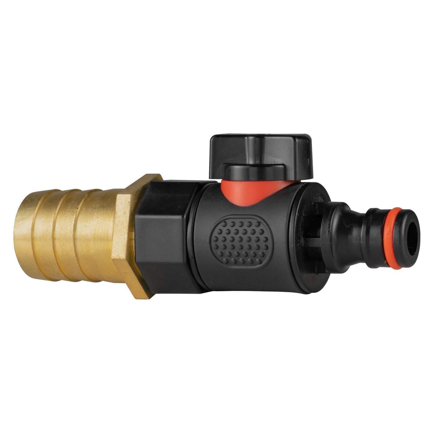 Brass barb and black quick-connect male valve with orange release ring