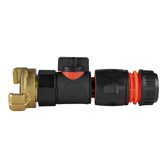 Black quick-connect hose connector with brass BSPP fitting and orange release ring