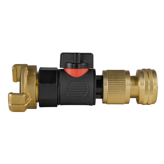 Brass quick-connect valve connector with black body and orange safety collar
