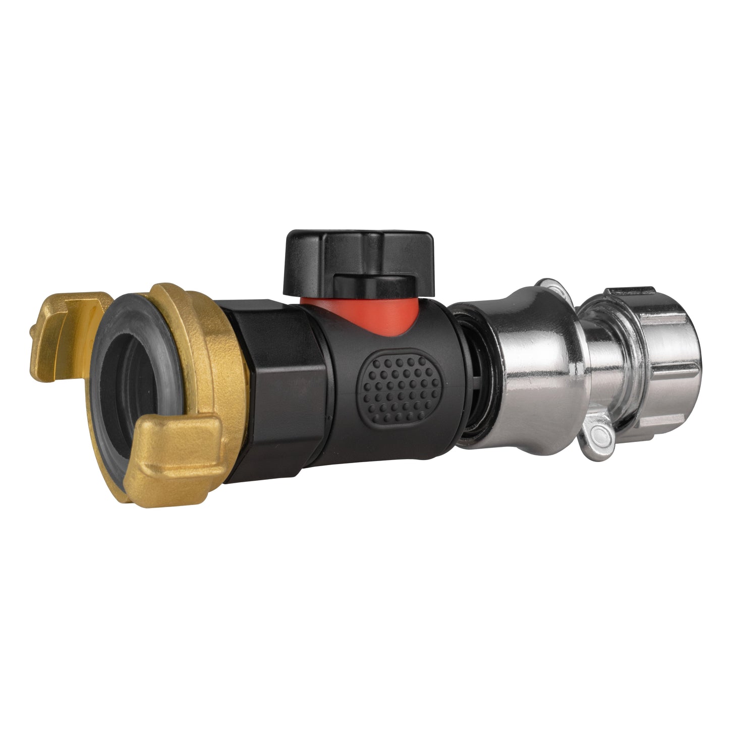 Quick-connect hose connector with zinc fitting, black body and red release band