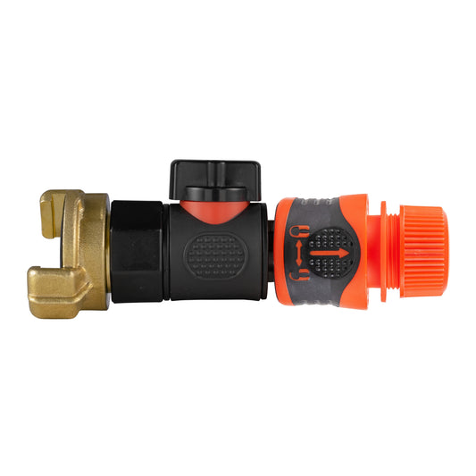 Connector with quick-connect valve, brass inlet, black body and orange hose lock