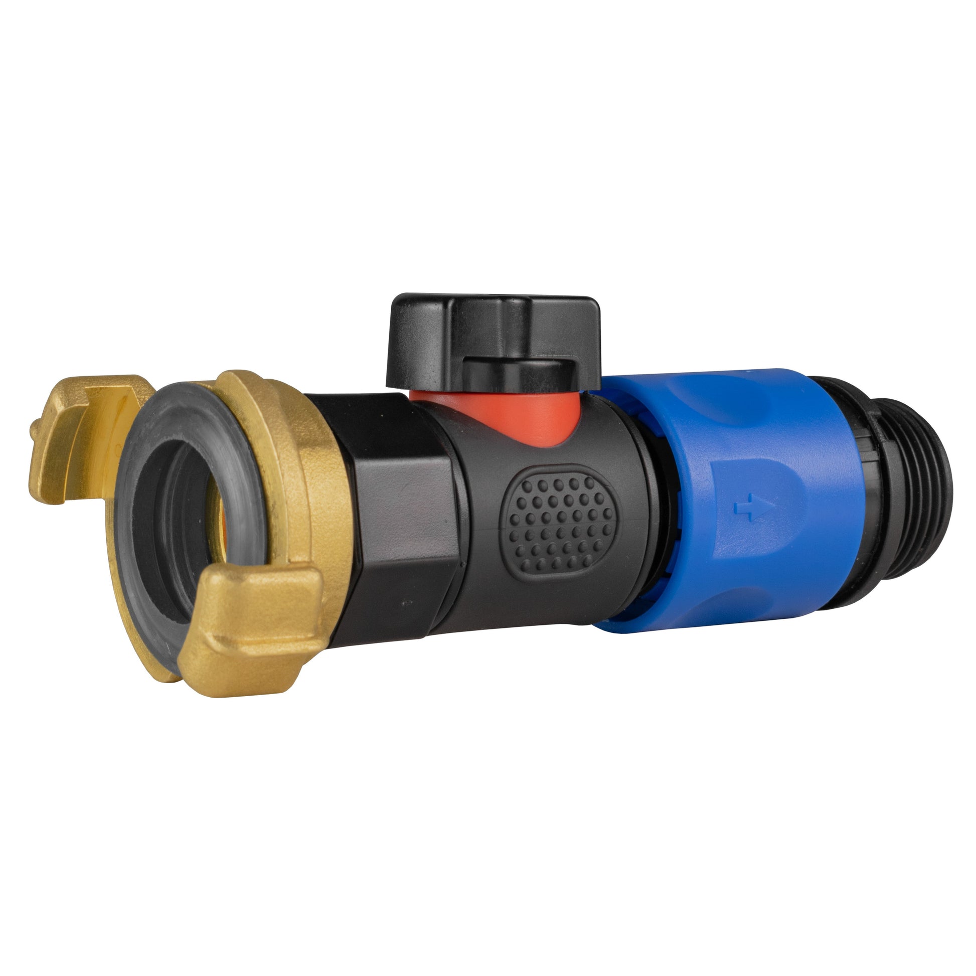 3/4" BSPM quick-connect valve fitting with blue push-to-connect sleeve and red release ring