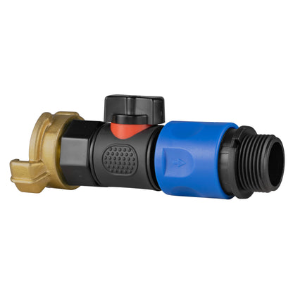 Geka Type connector with BSPM thread, blue quick-connect end and black valve body