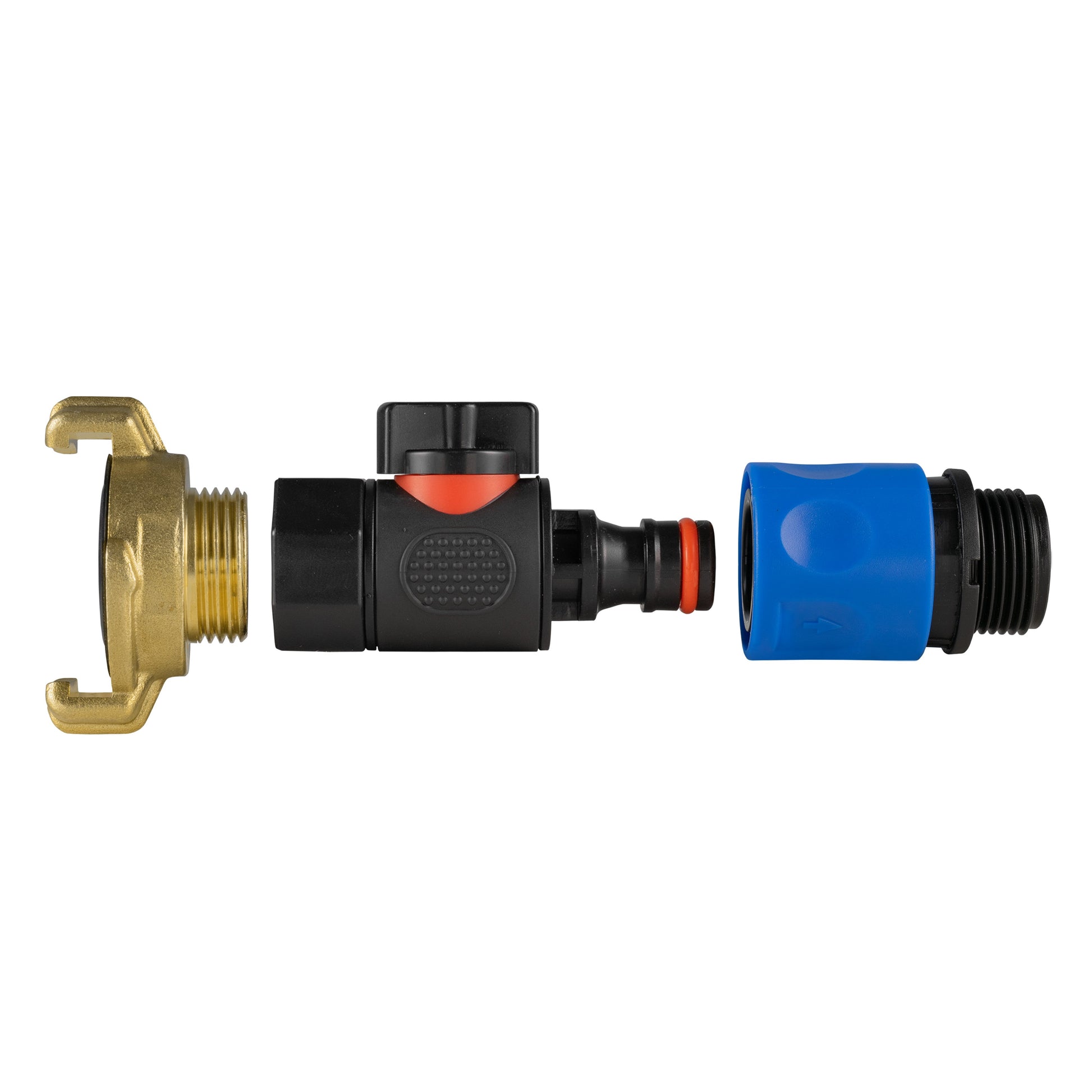 3/4" BSPM hose connector with quick-connect coupling, blue sleeve and black shutoff