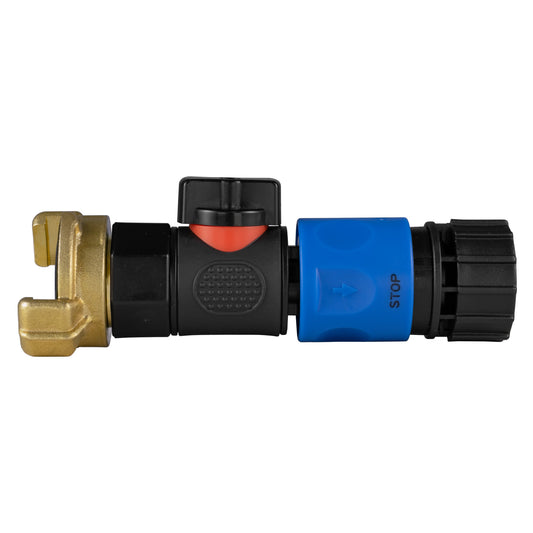 3/4" BSPF Geka Type connector with quick-connect valve and blue hose fitting, black body