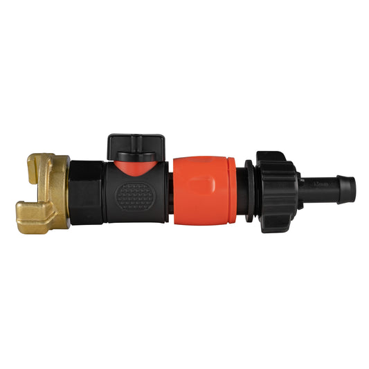 Geka type connector with quick-connect valve and 16mm barb hose fitting, black/orange
