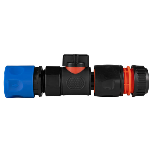Blue hose connector with black quick-connect valve and orange release ring