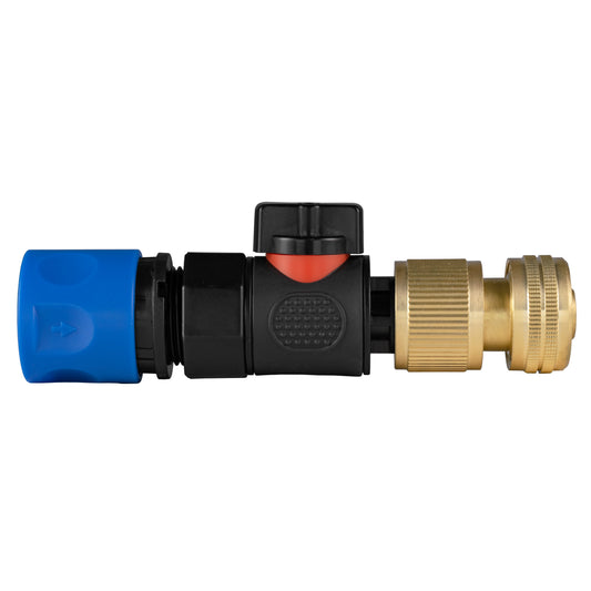 Blue quick-connect hose connector with BSPF brass fitting and black valve body
