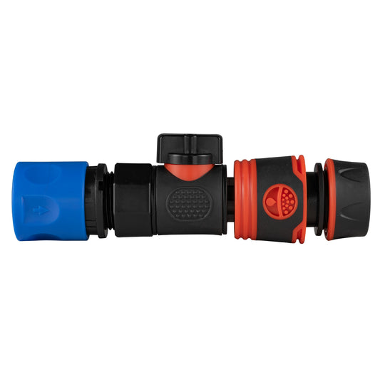 Blue hose connector with quick-connect valve, black coupling and red release ring