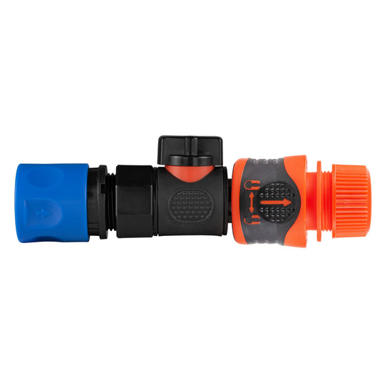 Blue hose connector with quick-connect valve and locking collar, black and orange details