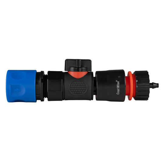 Blue hose connector with quick-connect valve and 4mm barb, black BSPF fitting
