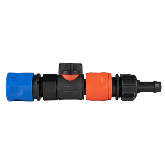Blue hose connector with BSPF quick connect valve, 16mm barb and orange release collar