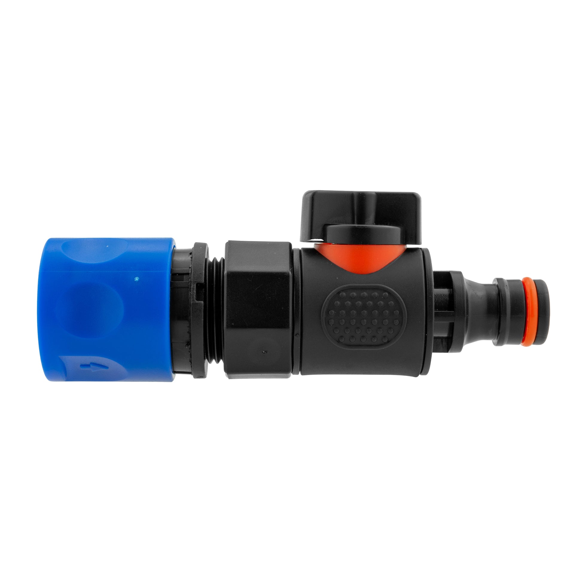 Blue hose connector quick-connect male valve with black body and orange release ring