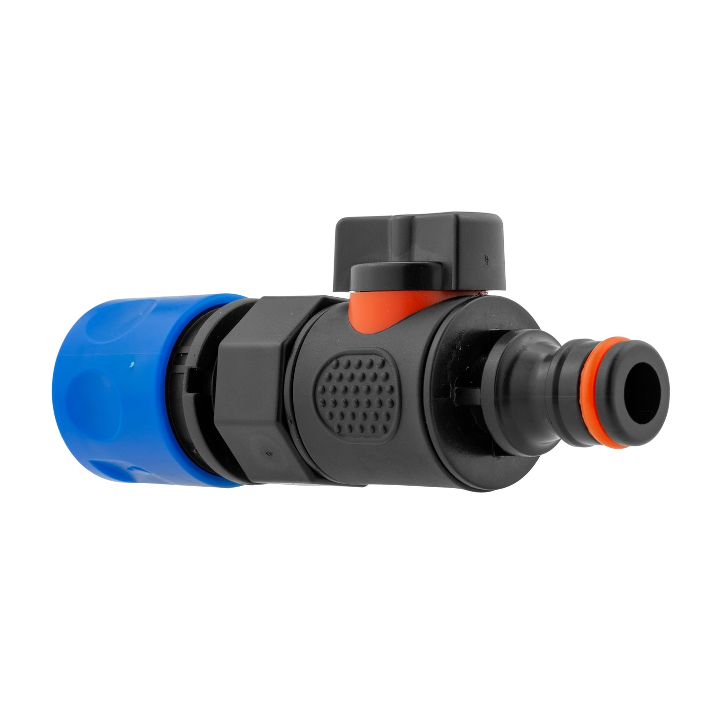 Blue quick-connect hose connector with black outlet tip and orange safety ring
