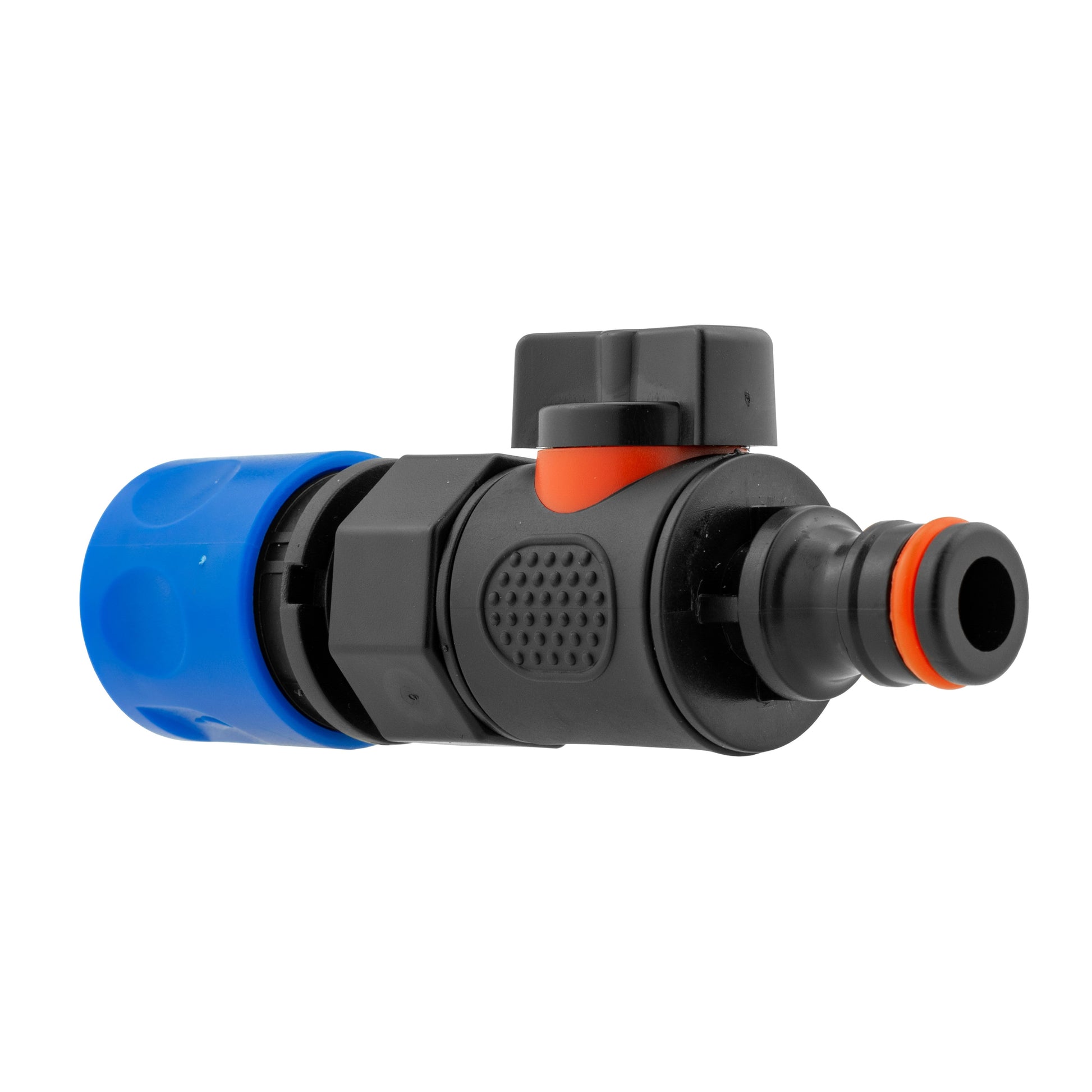 Blue quick-connect hose connector with black outlet tip and orange safety ring