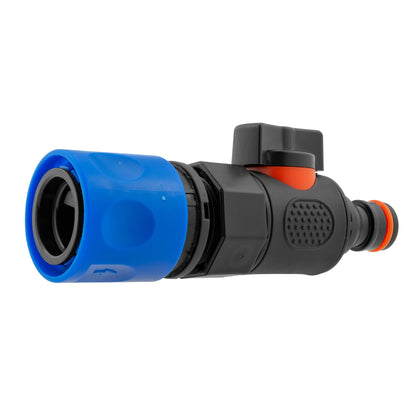 Blue-and-black hose connector quick-connect male valve, orange release ring visible