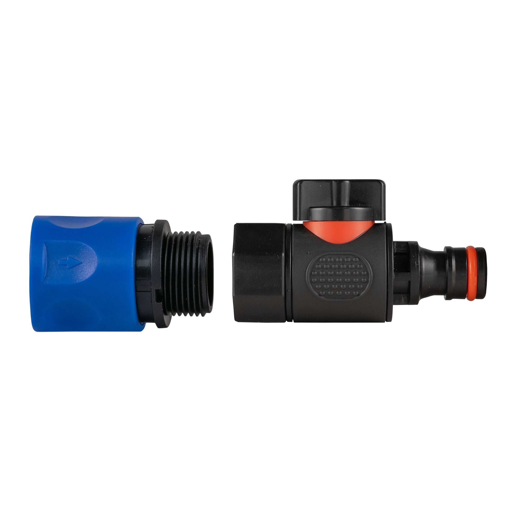 Blue hose connector with BSPF-style threads, black quick-connect housing and orange ring
