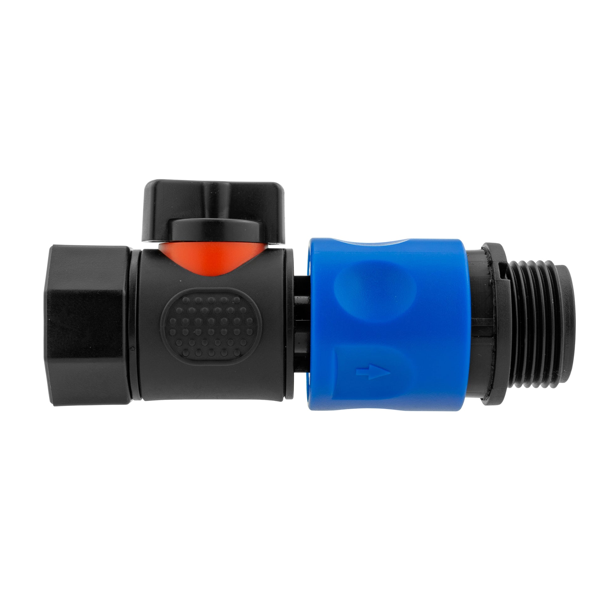 Blue quick-connect hose connector with black faceplate and orange release lever
