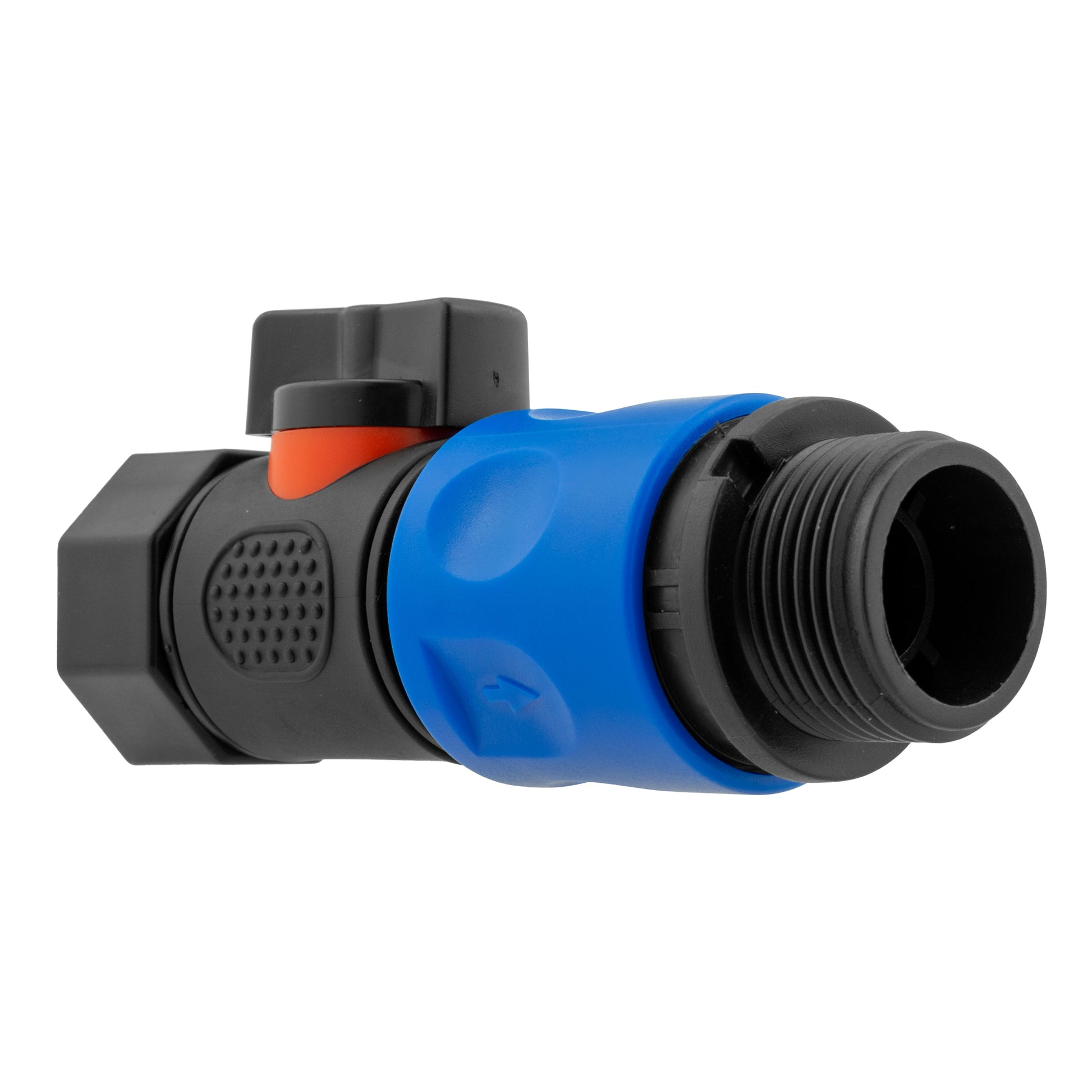 Blue hose connector with black adjustment collar, orange release ring and textured center