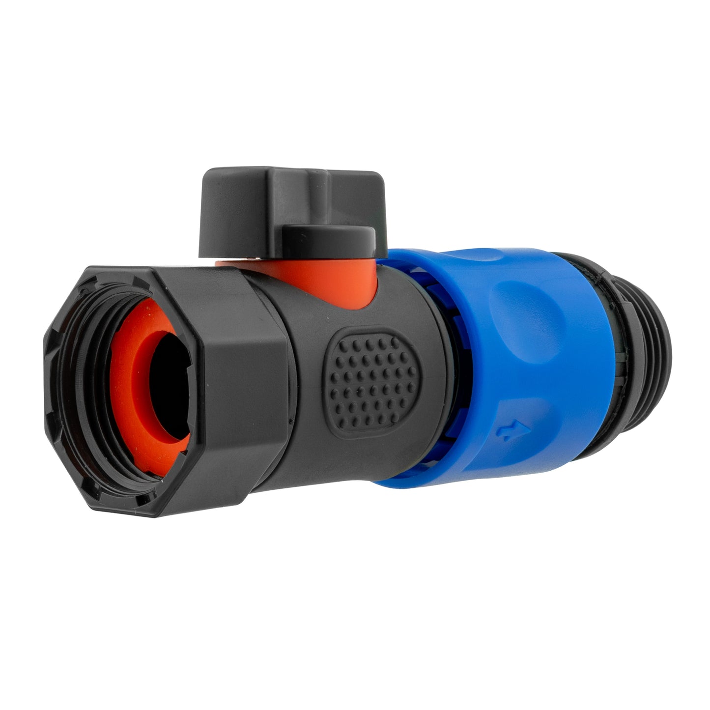 Black and blue hose connector with orange release, side view of quick-connect body