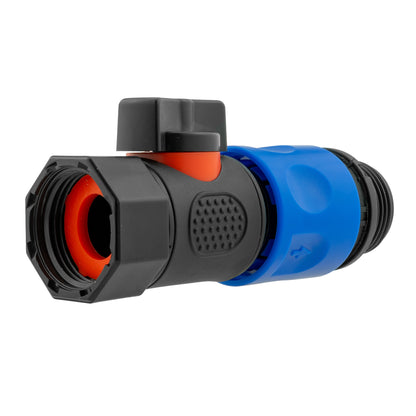 Black and blue hose connector with orange release, side view of quick-connect body