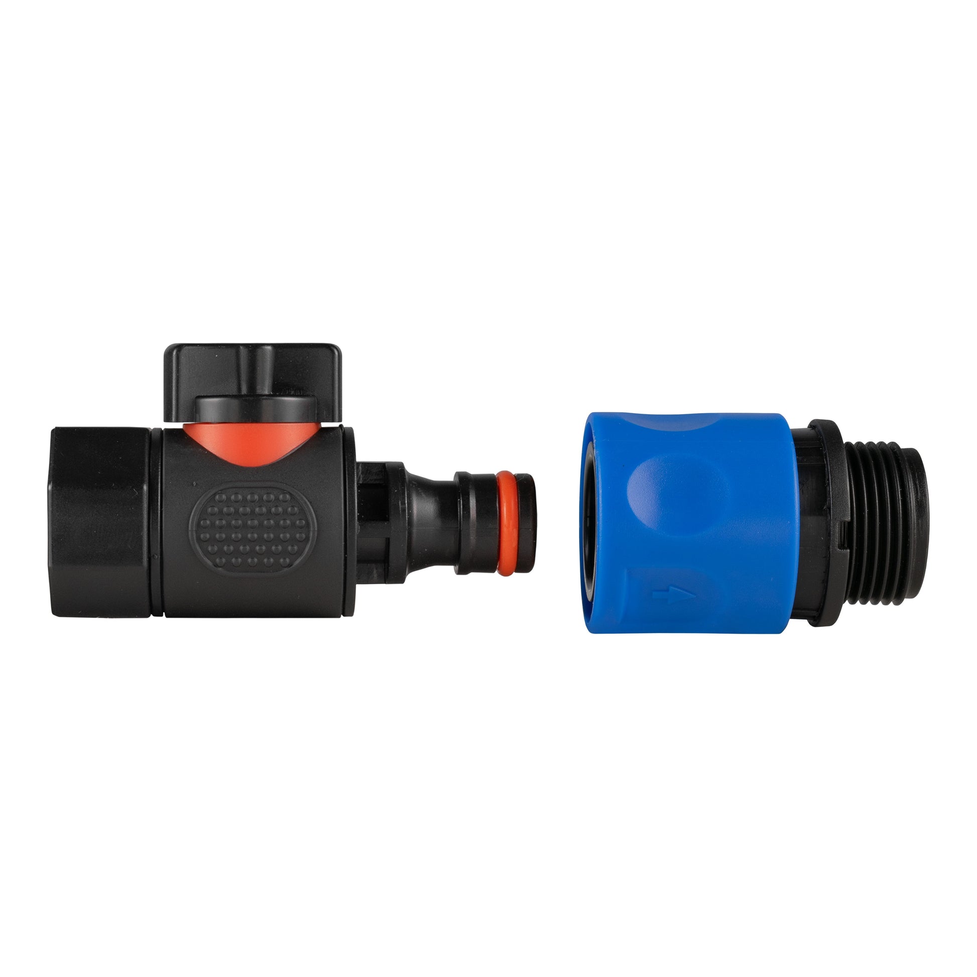 Quick-connect hose connector shown side-by-side: black end and threaded blue end