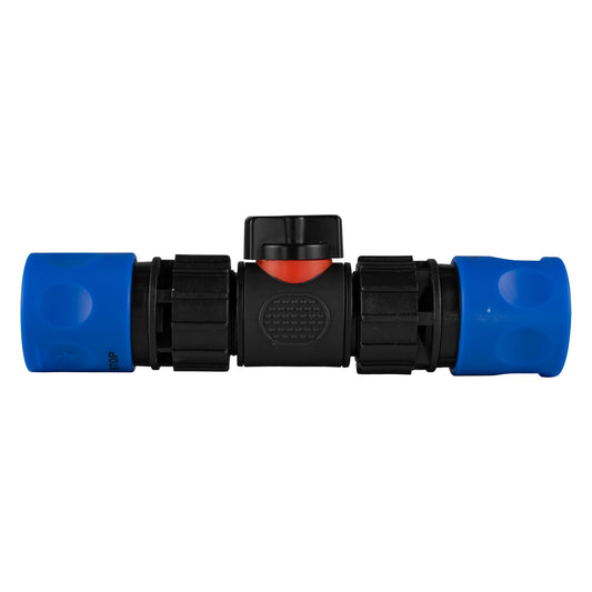 Inline BSPM valve with blue hose connectors, black body and orange flow indicator.