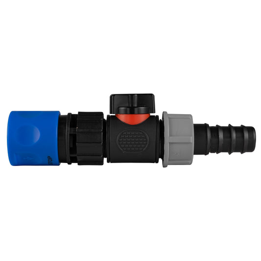 Blue hose connector with in-line BSPM valve and straight 20mm barbed ends