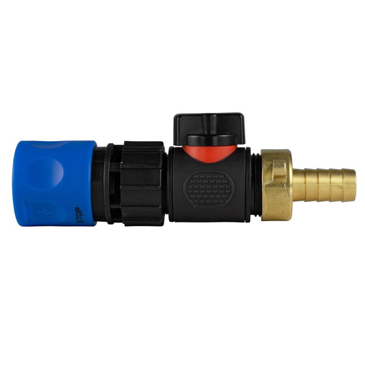 Blue hose connector with inline BSPM valve and 13mm brass barb, black control cap