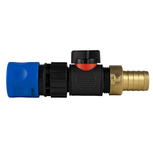 Blue hose connector with inline BSPM valve and 19mm brass barbed fitting