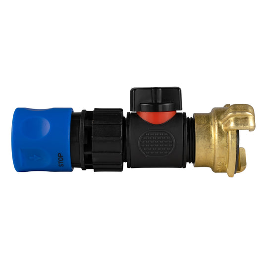 Blue hose connector with inline BSPM valve and brass Geka-type fitting