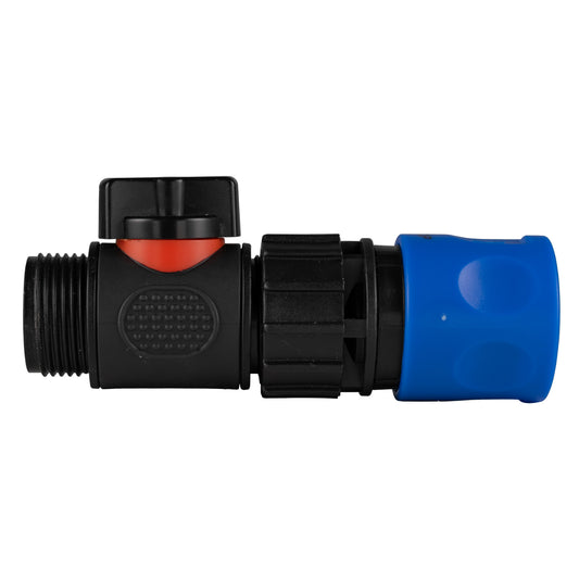 Blue hose connector with inline BSPM threaded valve, black body and red control cap